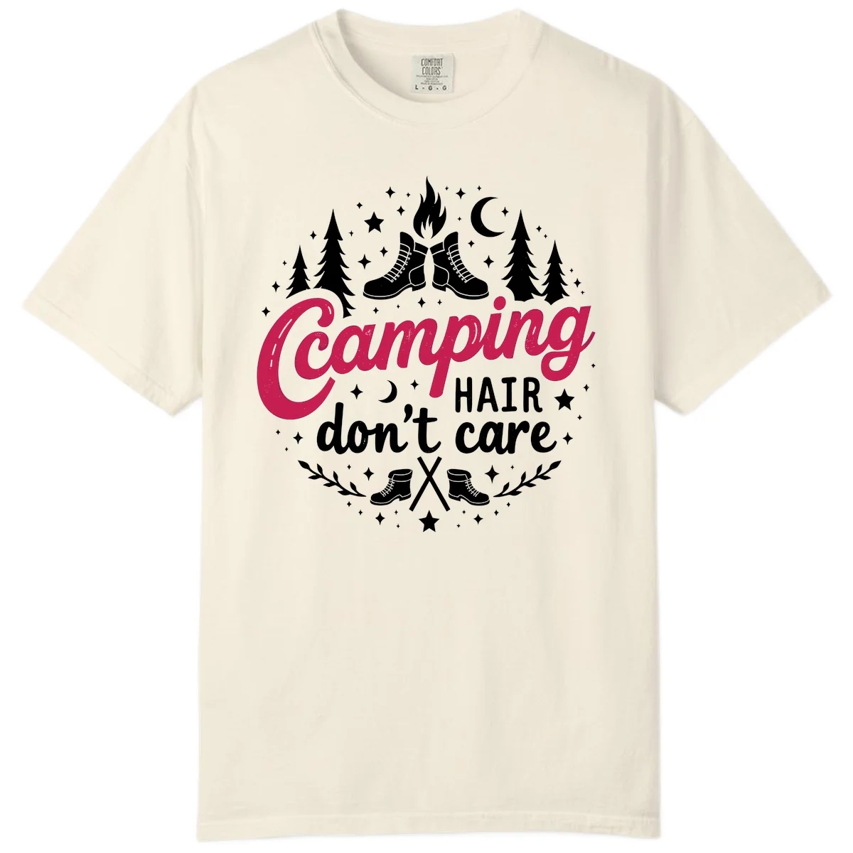 Camping hair don't care design with hiking boots, campfire, trees, moon and stars on gray background in Ivory