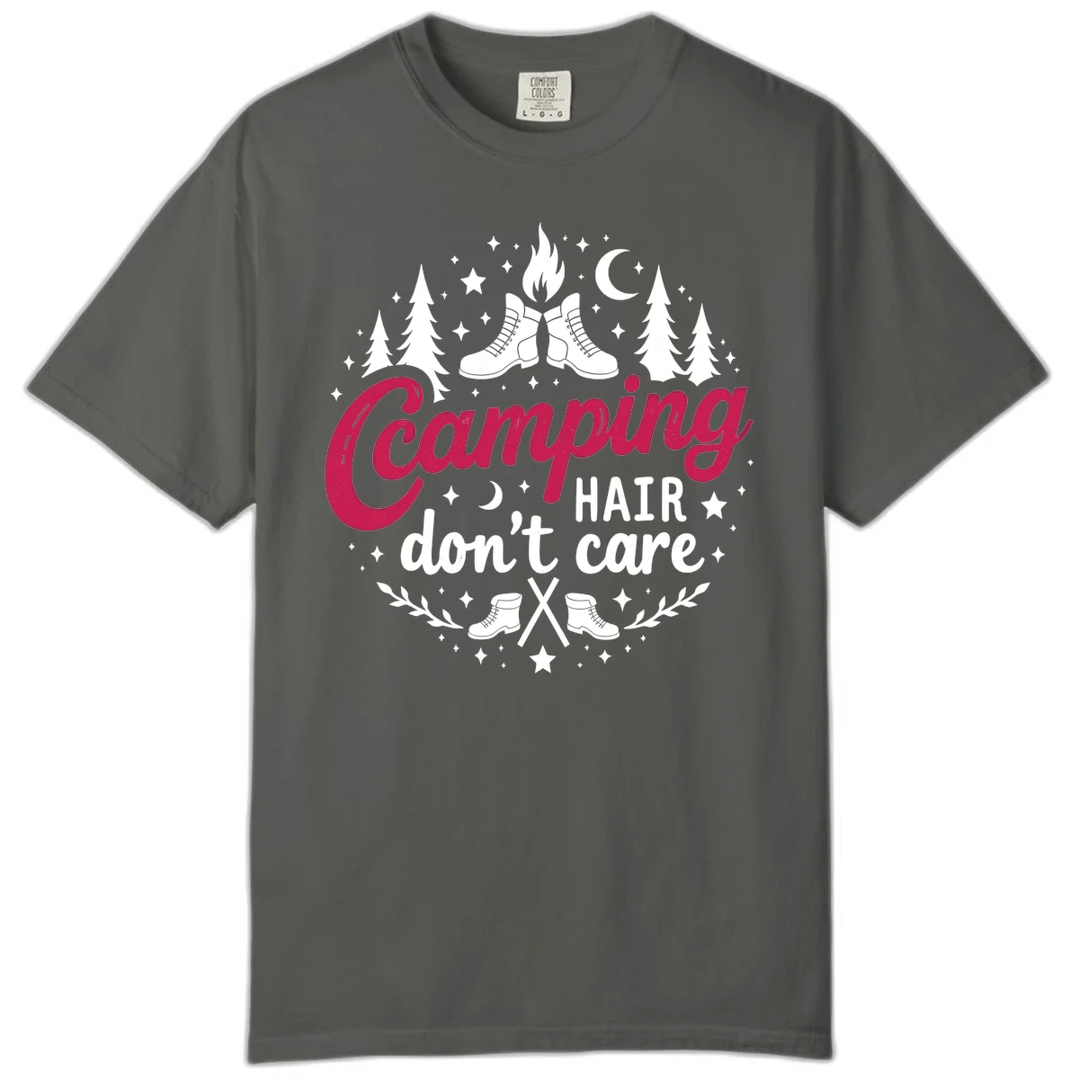 Camping hair don't care design with hiking boots, campfire, trees, moon and stars on gray background in Pepper