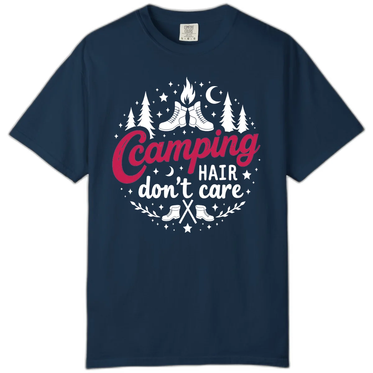 Camping hair don't care design with hiking boots, campfire, trees, moon and stars on gray background in True Navy