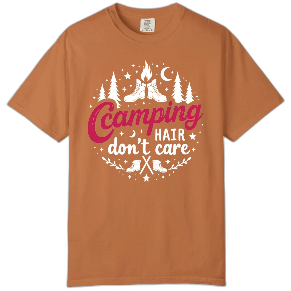 Camping hair don't care design with hiking boots, campfire, trees, moon and stars on gray background in Yam