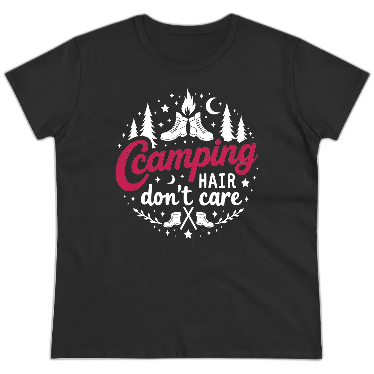 Camping hair don't care design with hiking boots, campfire, trees, moon and stars on gray background in Black