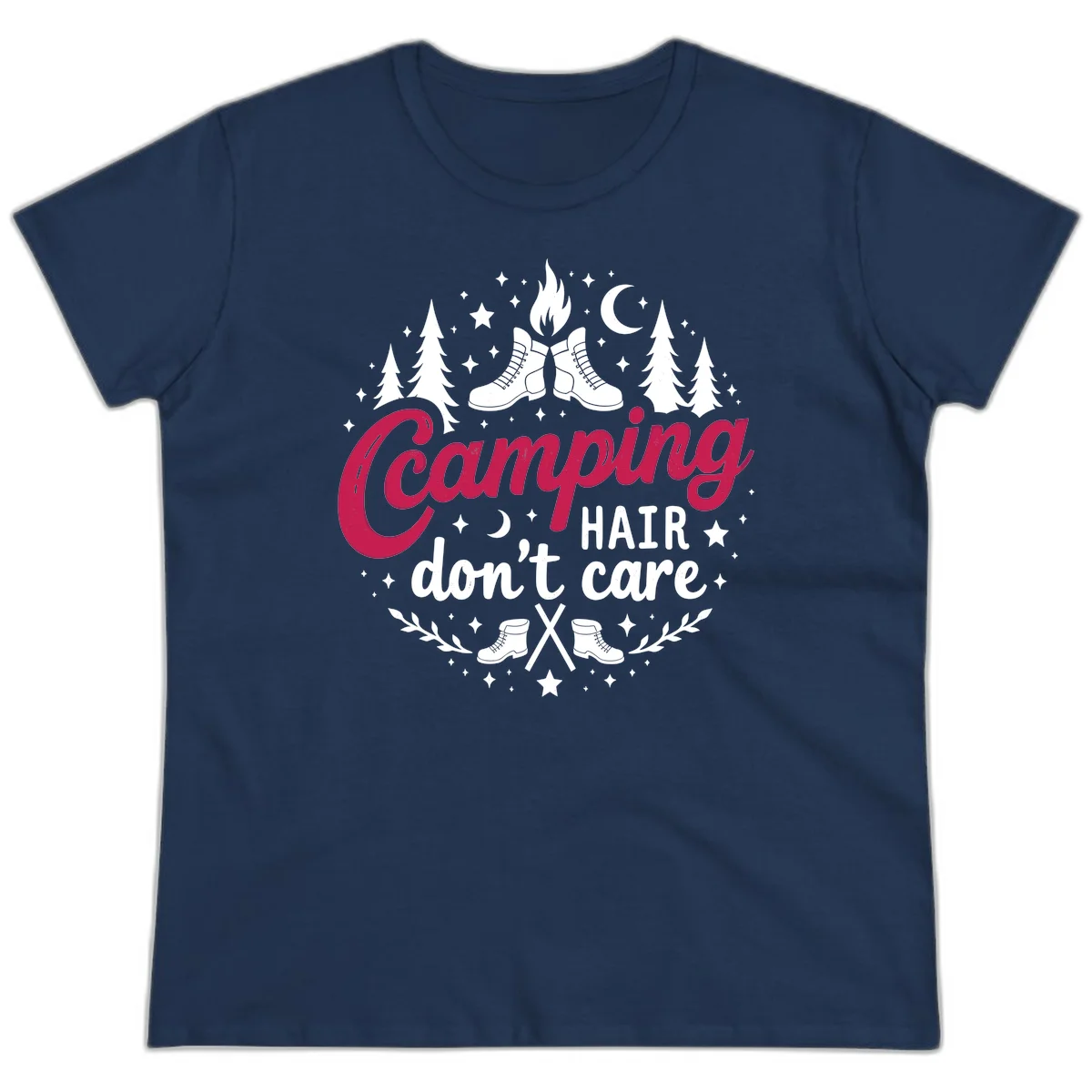 Camping hair don't care design with hiking boots, campfire, trees, moon and stars on gray background in Navy