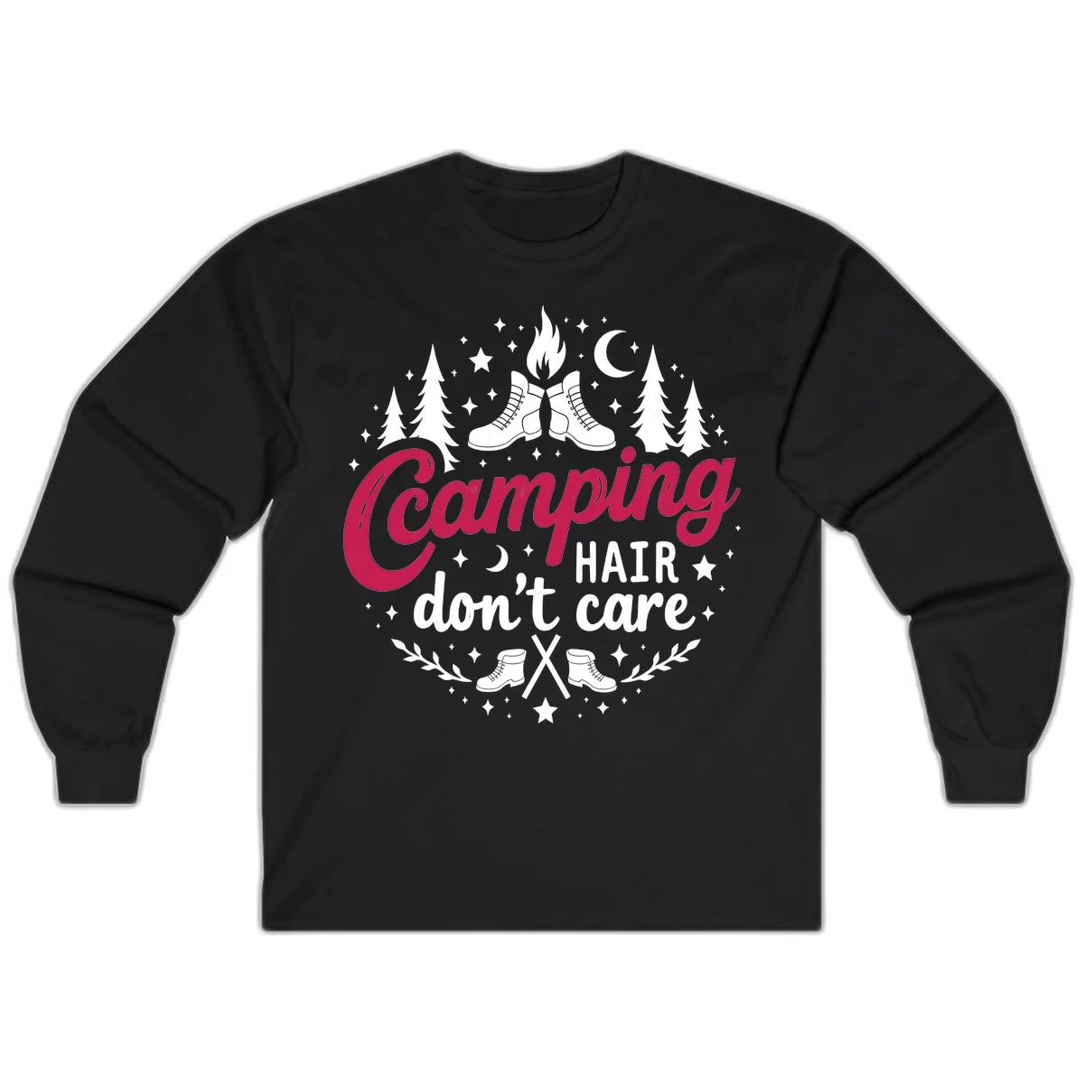 Camping hair don't care design with hiking boots, campfire, trees, moon and stars on gray background in Black