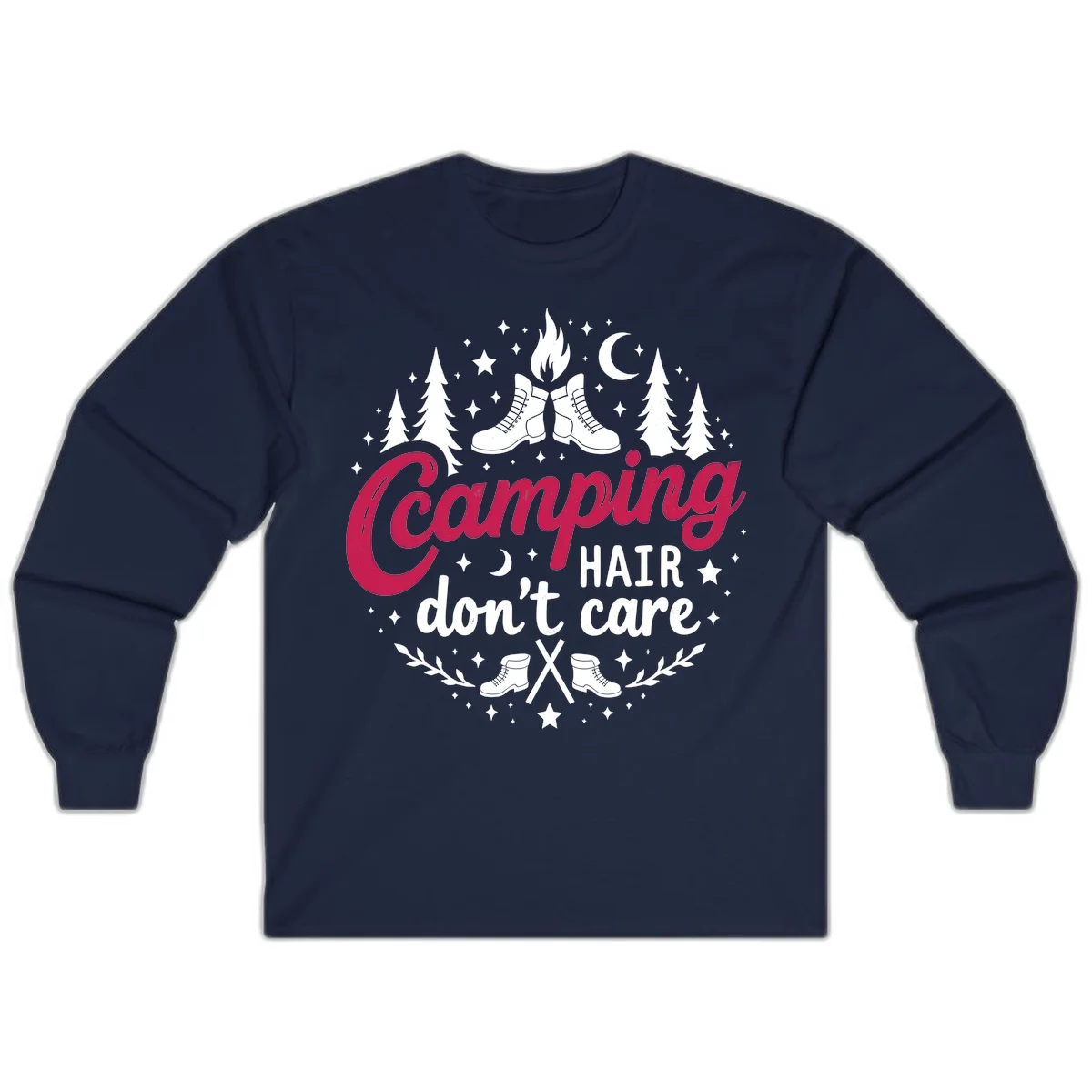Camping hair don't care design with hiking boots, campfire, trees, moon and stars on gray background in Navy