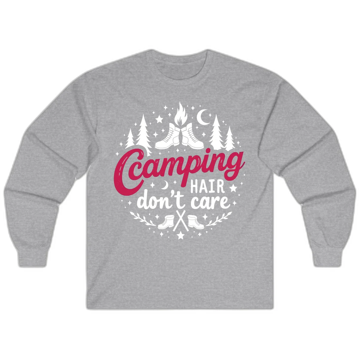Camping hair don't care design with hiking boots, campfire, trees, moon and stars on gray background in Sport Grey