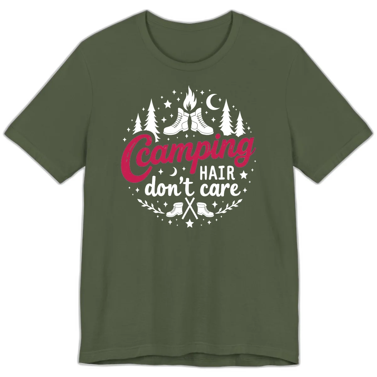 Camping hair don't care design with hiking boots, campfire, trees, moon and stars on gray background in Military Green