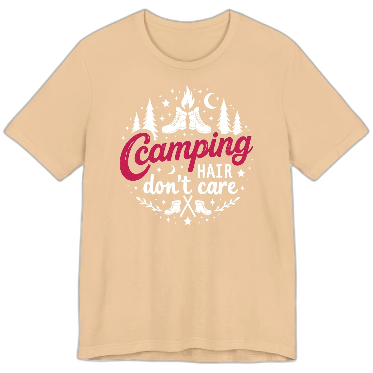 Camping hair don't care design with hiking boots, campfire, trees, moon and stars on gray background in Sand Dune