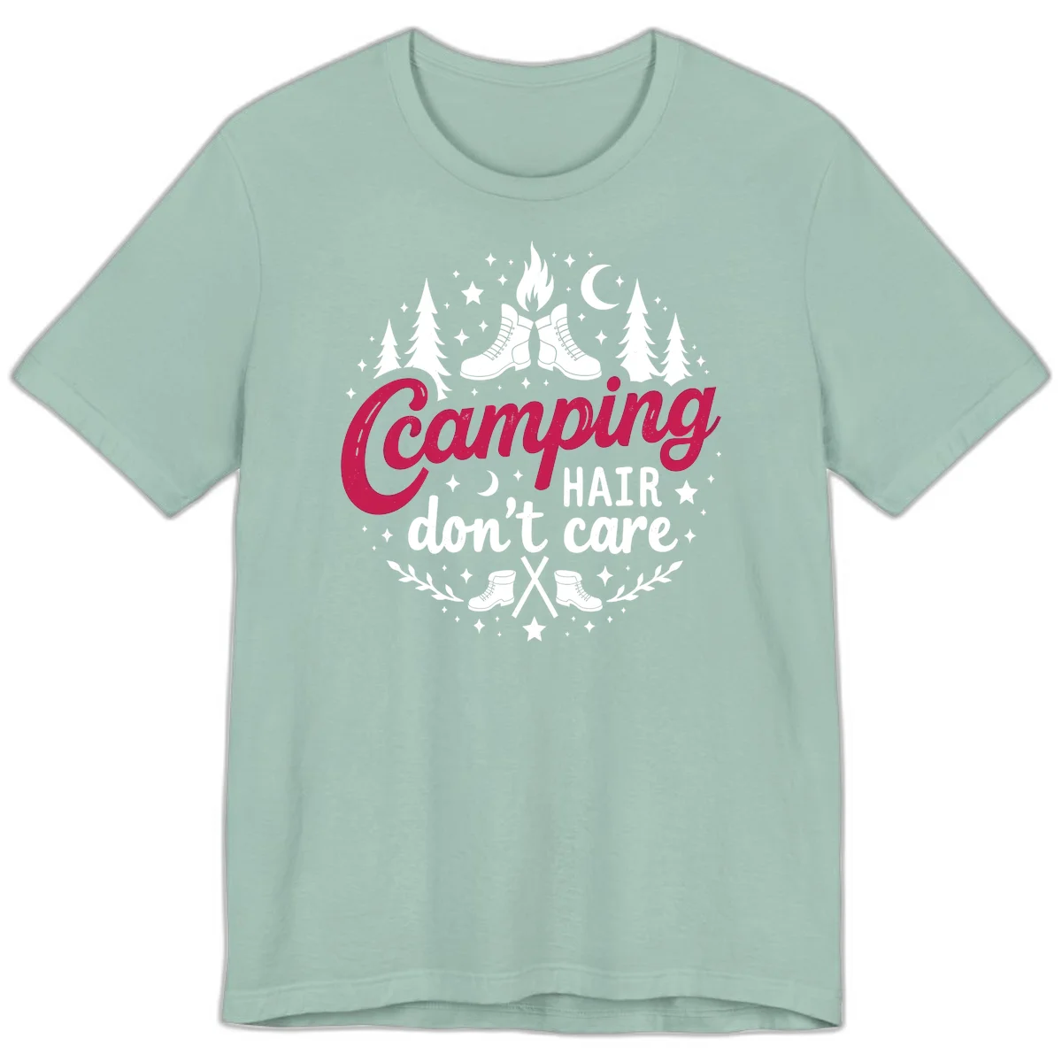 Camping hair don't care design with hiking boots, campfire, trees, moon and stars on gray background in Dusty Blue
