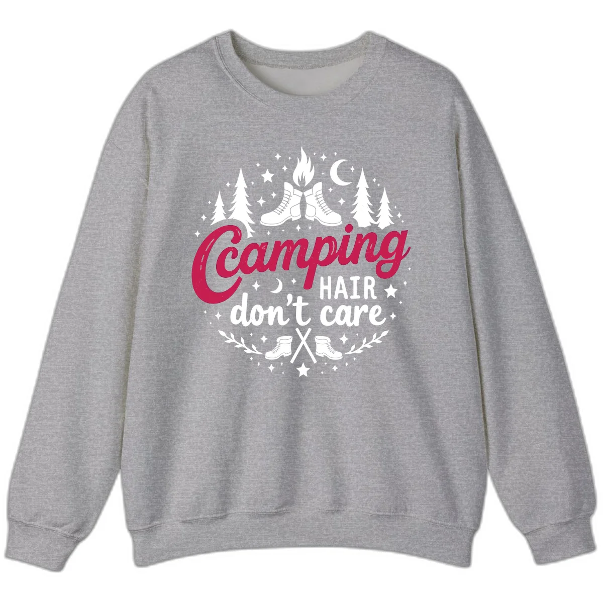 Camping hair don't care design with hiking boots, campfire, trees, moon and stars on gray background in Sport Grey