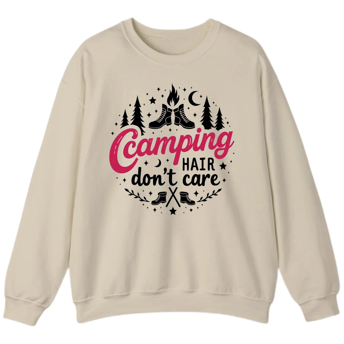 Camping hair don't care design with hiking boots, campfire, trees, moon and stars on gray background in Sand