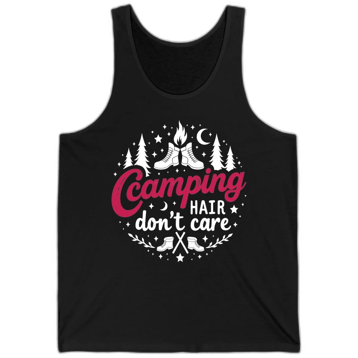 Camping hair don't care design with hiking boots, campfire, trees, moon and stars on gray background in Black