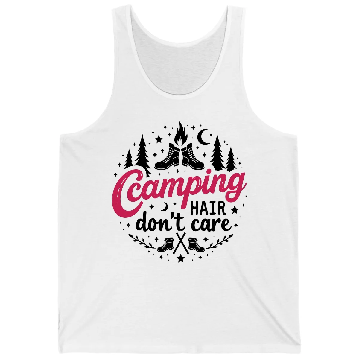 Camping hair don't care design with hiking boots, campfire, trees, moon and stars on gray background in White