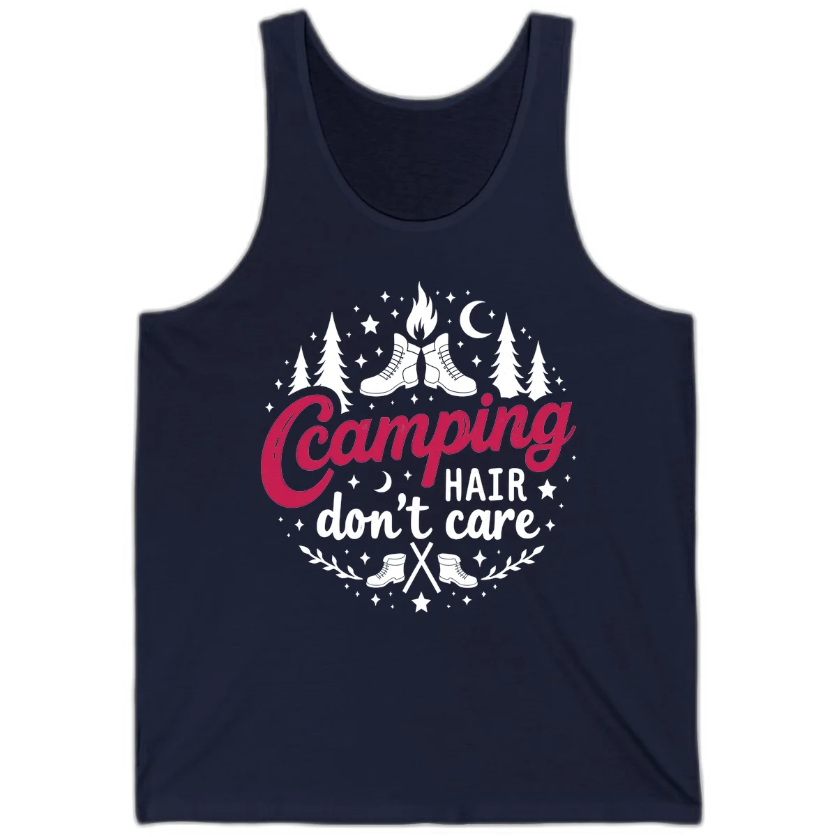 Camping hair don't care design with hiking boots, campfire, trees, moon and stars on gray background in Navy