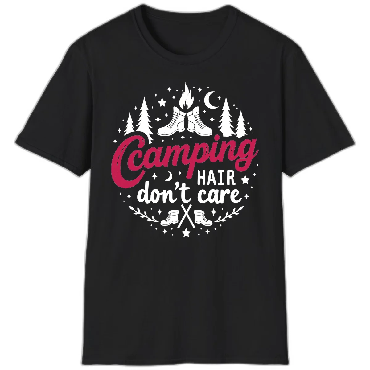 Camping hair don't care design with hiking boots, campfire, trees, moon and stars on gray background in Black