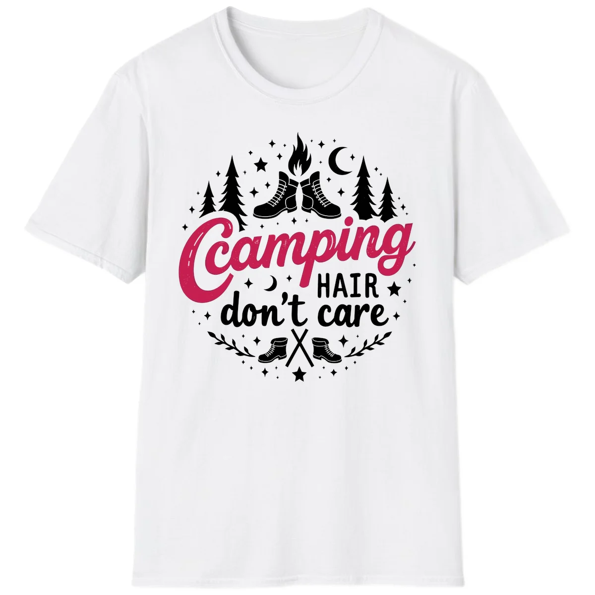 Camping hair don't care design with hiking boots, campfire, trees, moon and stars on gray background in White