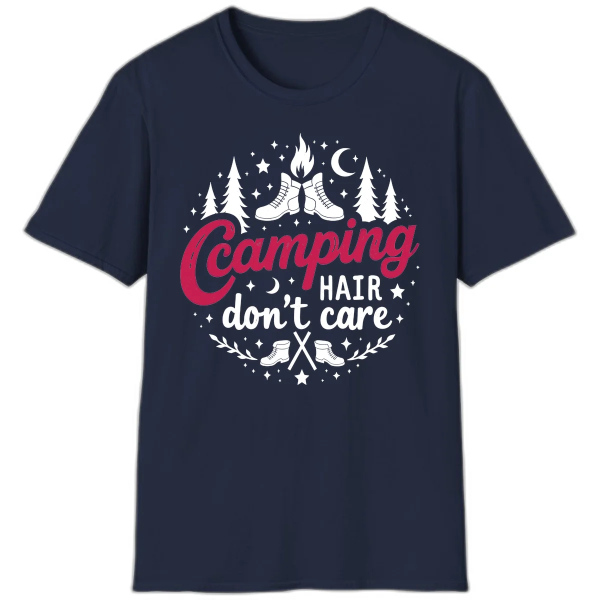 Camping hair don't care design with hiking boots, campfire, trees, moon and stars on gray background in Navy