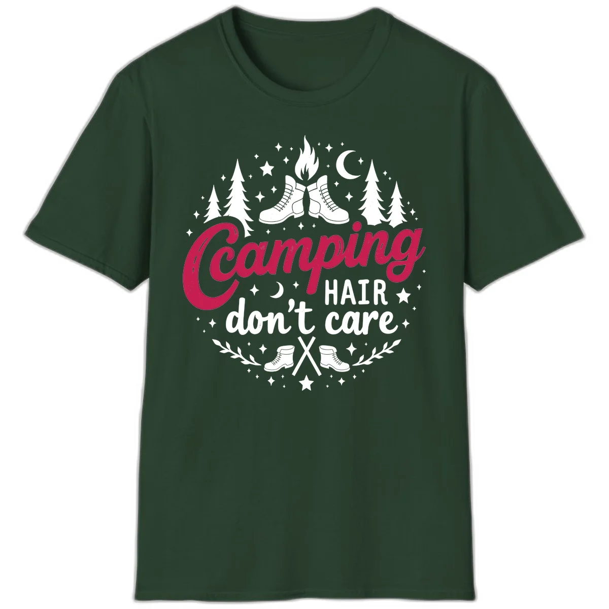 Camping hair don't care design with hiking boots, campfire, trees, moon and stars on gray background in Forest Green