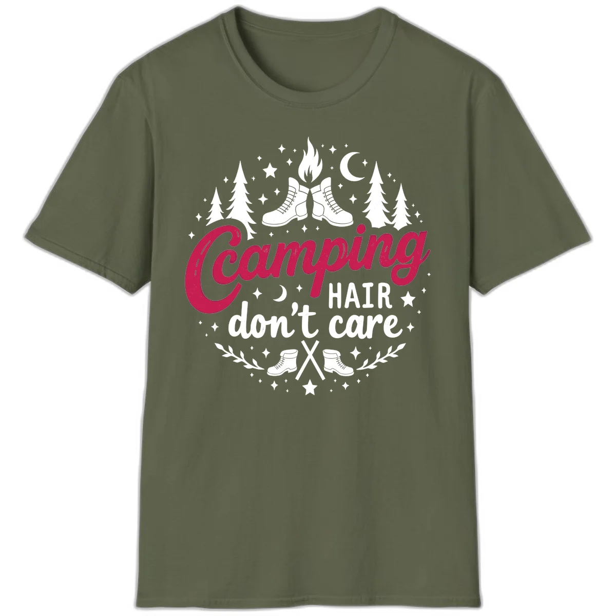 Camping hair don't care design with hiking boots, campfire, trees, moon and stars on gray background in Military Green