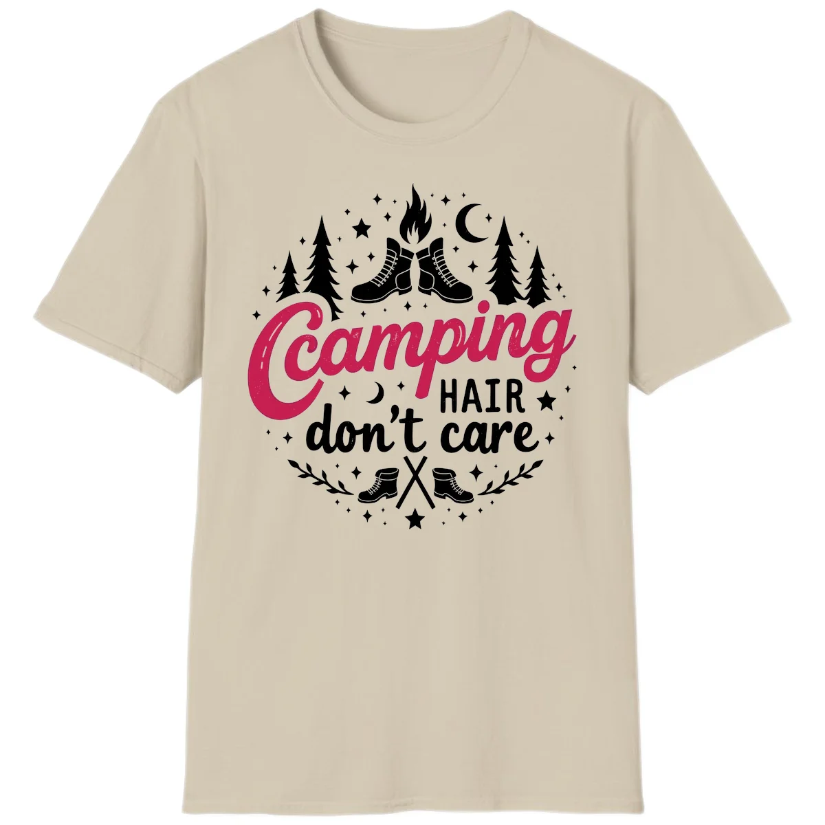 Camping hair don't care design with hiking boots, campfire, trees, moon and stars on gray background in Sand