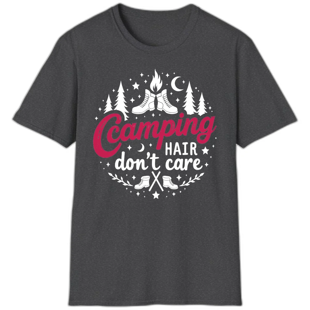 Camping hair don't care design with hiking boots, campfire, trees, moon and stars on gray background in Dark Heather