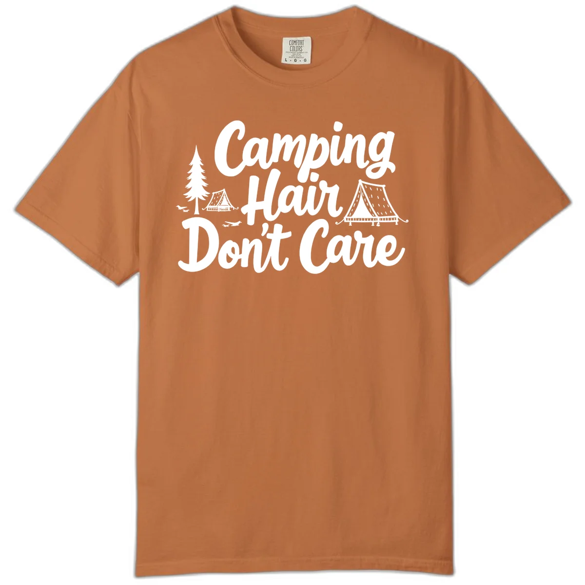 White text reading 'Camping Hair Don't Care' with illustrated tent and evergreen tree designs on gray background in Yam