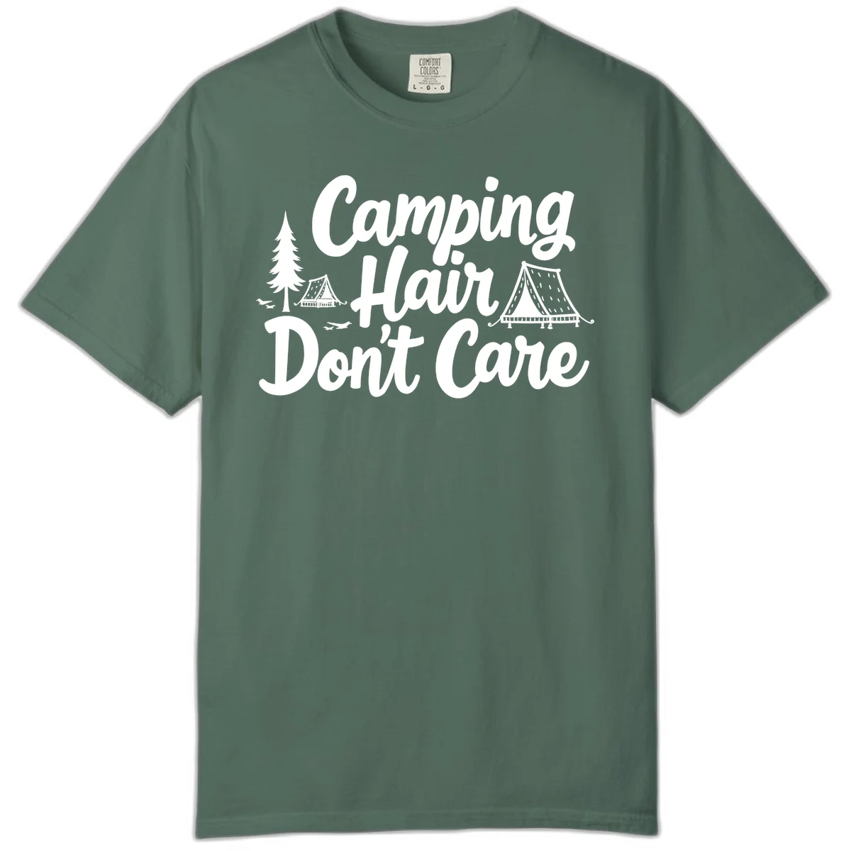 White text reading 'Camping Hair Don't Care' with illustrated tent and evergreen tree designs on gray background in Blue Spruce