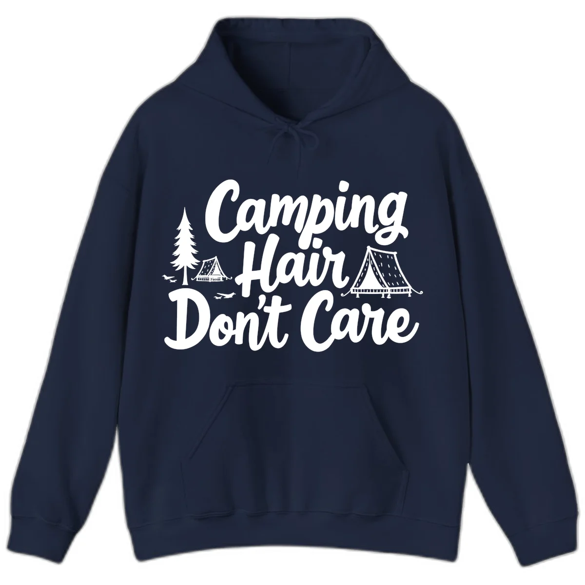 White text reading 'Camping Hair Don't Care' with illustrated tent and evergreen tree designs on gray background in Navy