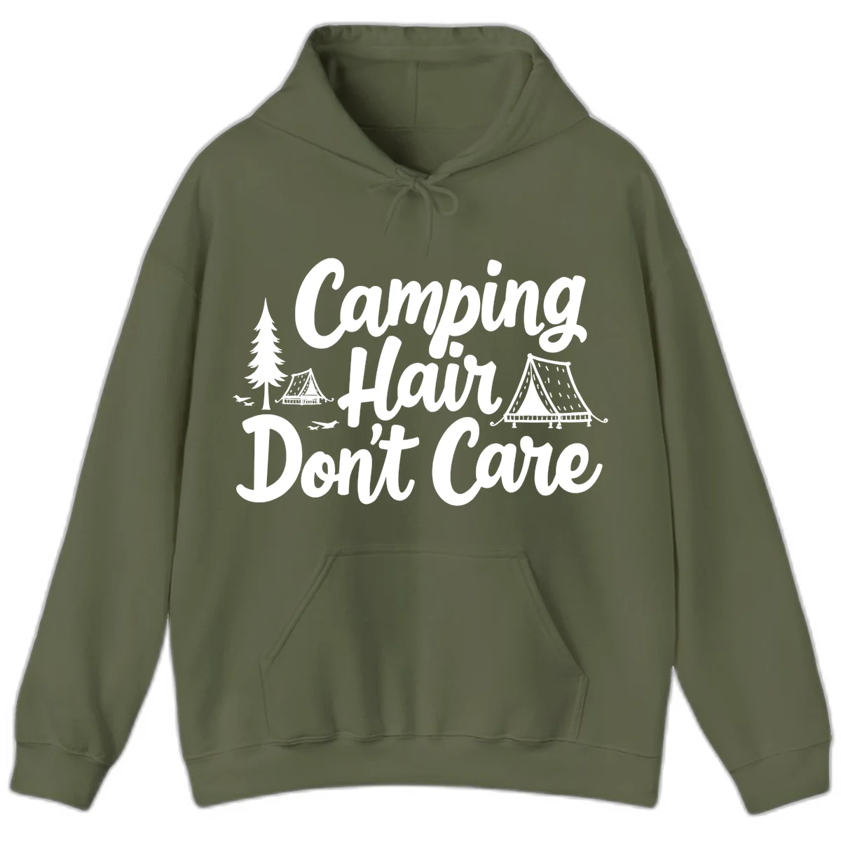 White text reading 'Camping Hair Don't Care' with illustrated tent and evergreen tree designs on gray background in Military Green
