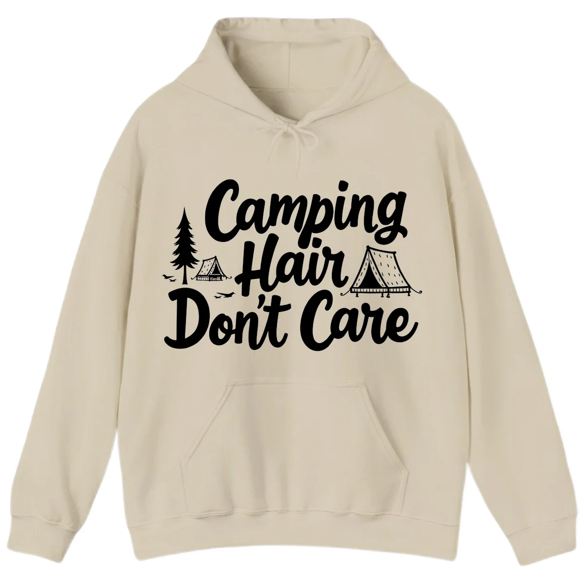 White text reading 'Camping Hair Don't Care' with illustrated tent and evergreen tree designs on gray background in Sand