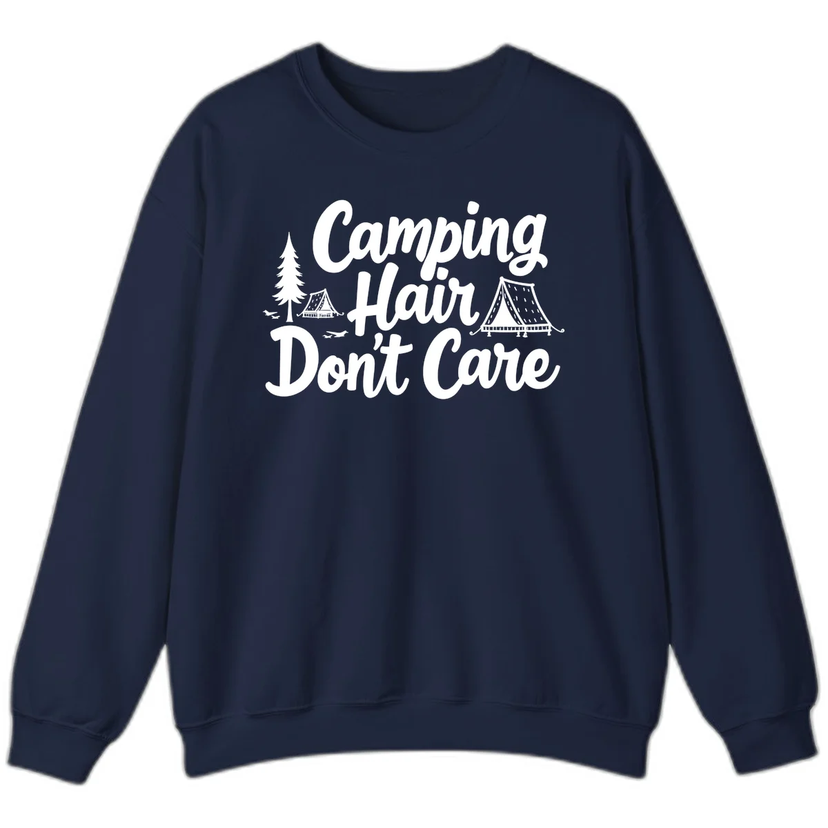 White text reading 'Camping Hair Don't Care' with illustrated tent and evergreen tree designs on gray background in Navy