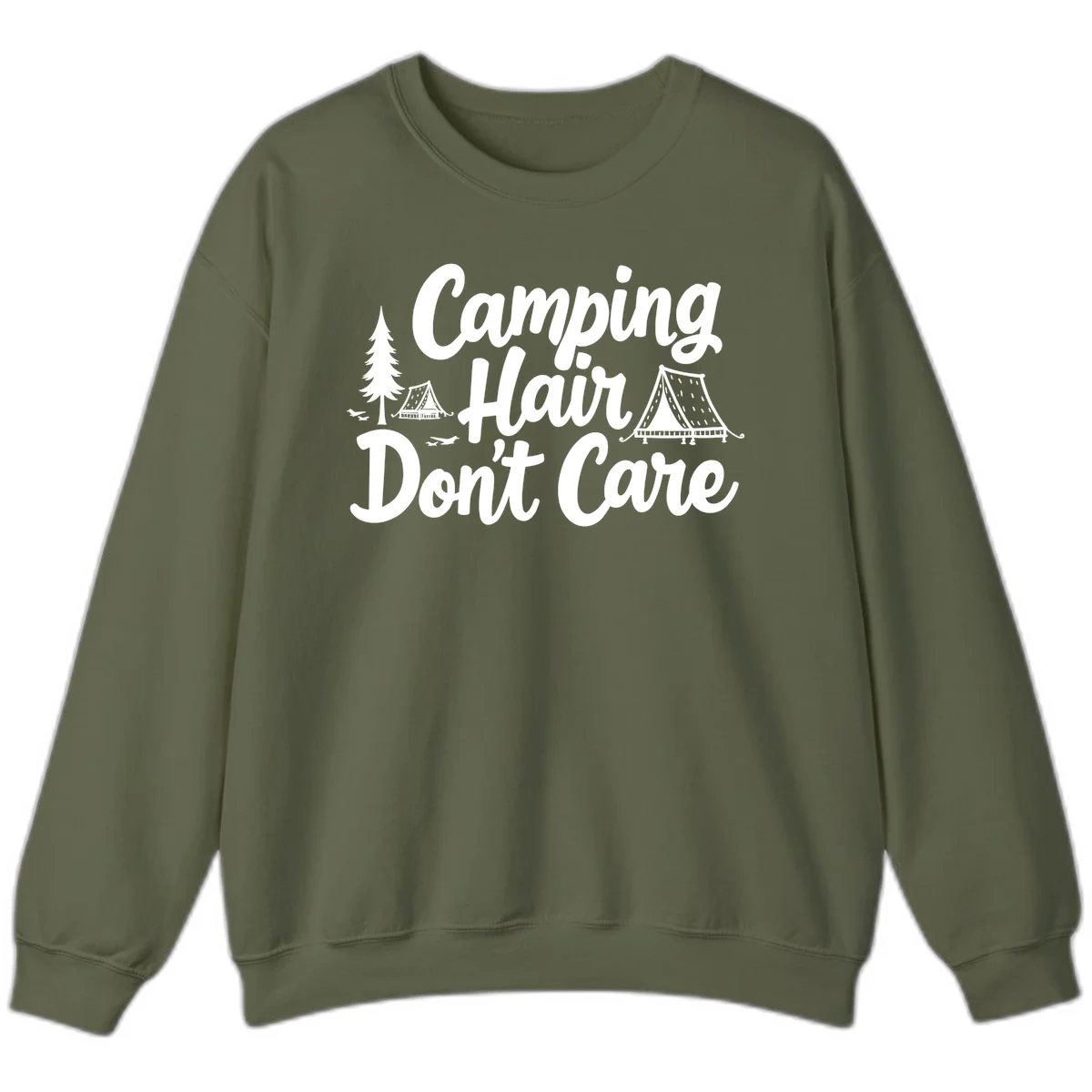 White text reading 'Camping Hair Don't Care' with illustrated tent and evergreen tree designs on gray background in Military Green