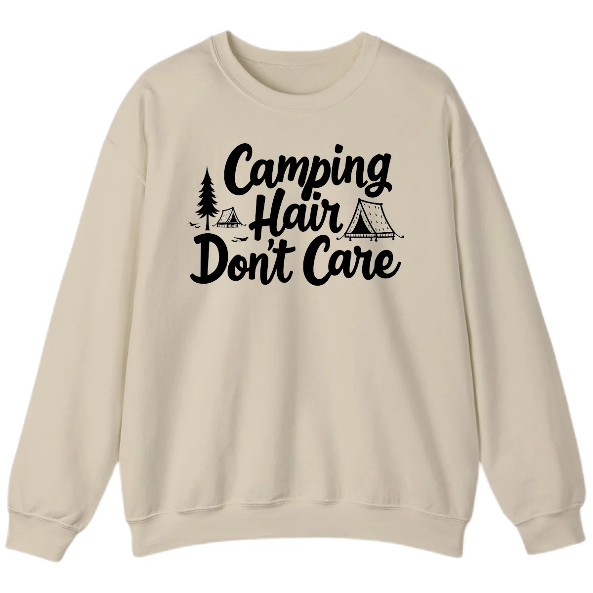 White text reading 'Camping Hair Don't Care' with illustrated tent and evergreen tree designs on gray background in Sand