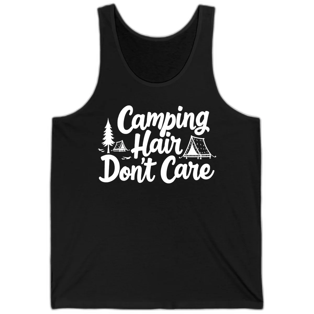 White text reading 'Camping Hair Don't Care' with illustrated tent and evergreen tree designs on gray background in Black