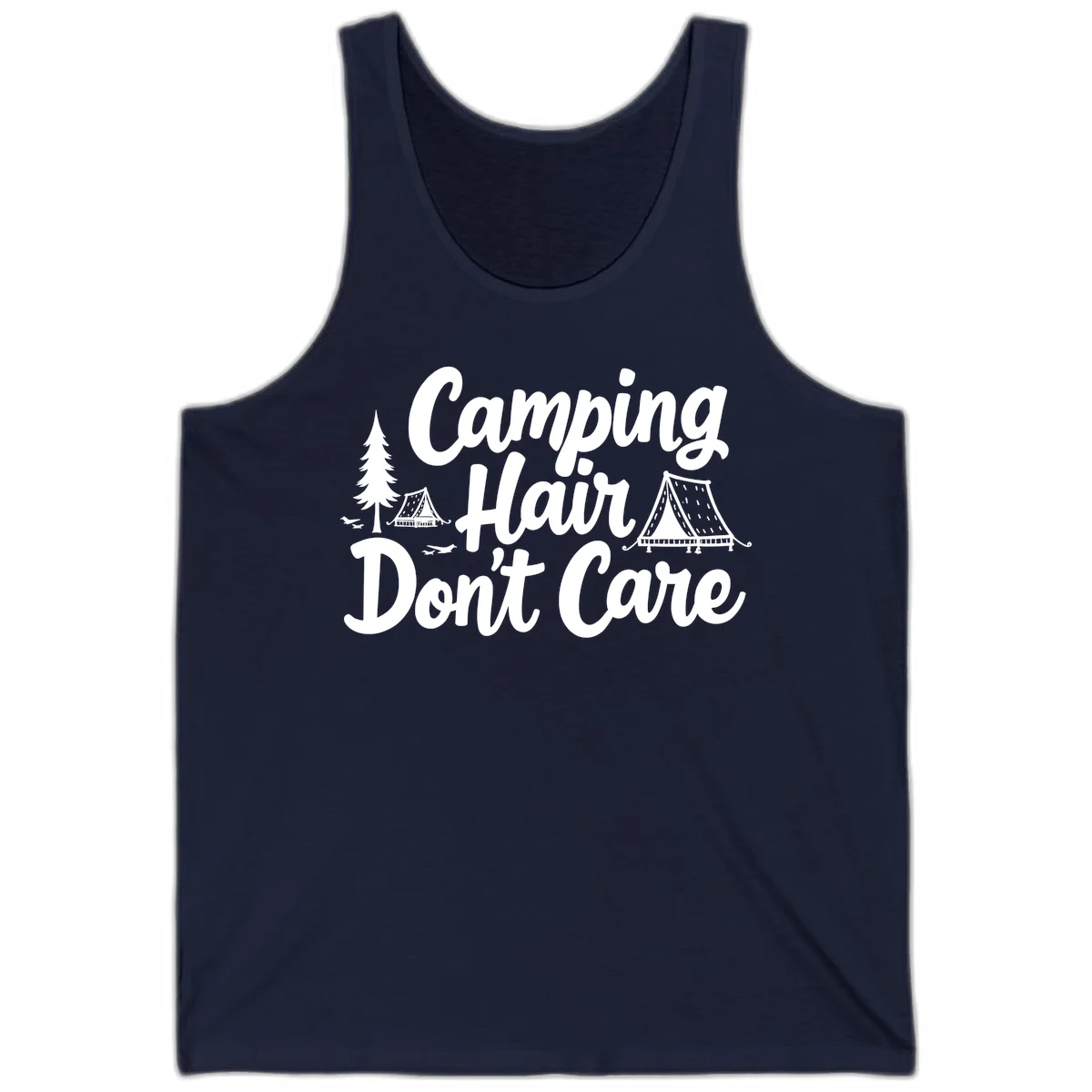White text reading 'Camping Hair Don't Care' with illustrated tent and evergreen tree designs on gray background in Navy