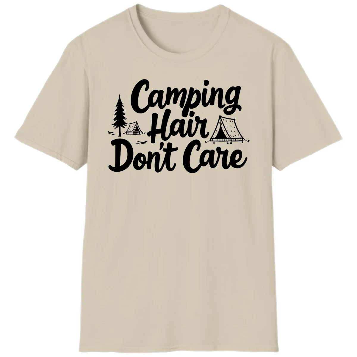 White text reading 'Camping Hair Don't Care' with illustrated tent and evergreen tree designs on gray background in Sand