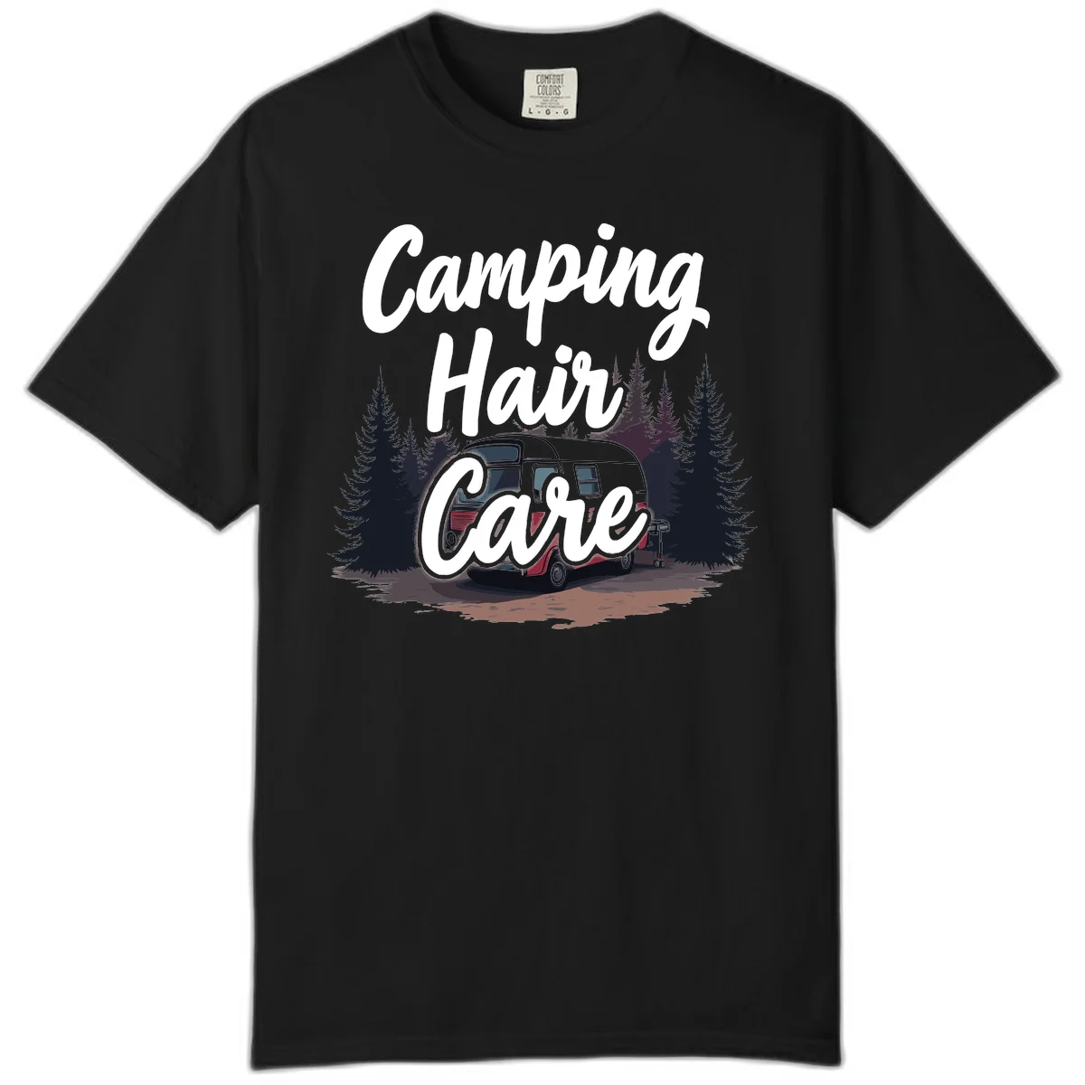 Retro red and gray vintage travel trailer surrounded by tall evergreen trees with white script text reading 'Camping Hair Care' in Black