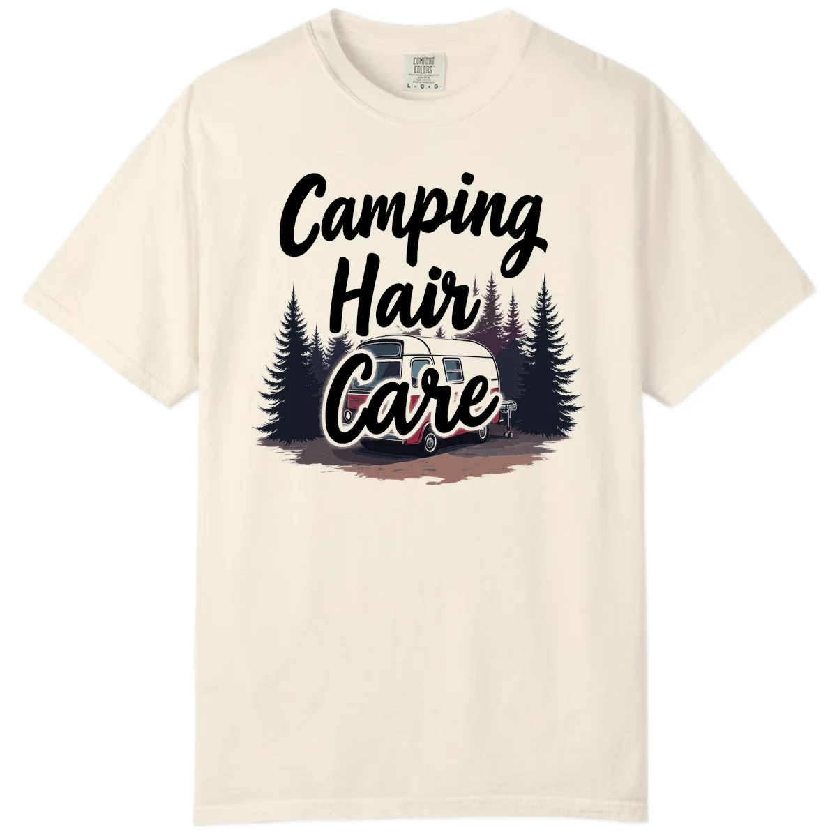 Retro red and gray vintage travel trailer surrounded by tall evergreen trees with white script text reading 'Camping Hair Care' in Ivory