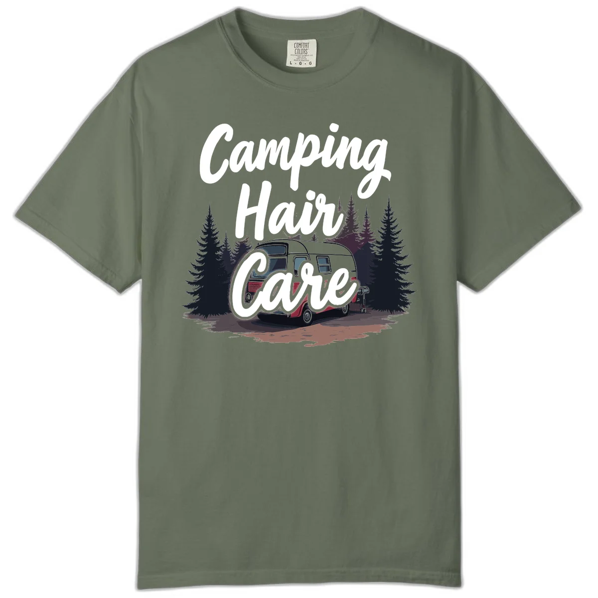 Retro red and gray vintage travel trailer surrounded by tall evergreen trees with white script text reading 'Camping Hair Care' in Moss
