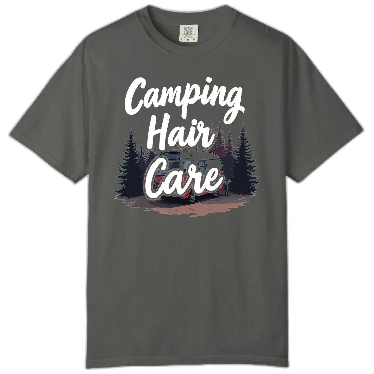 Retro red and gray vintage travel trailer surrounded by tall evergreen trees with white script text reading 'Camping Hair Care' in Pepper