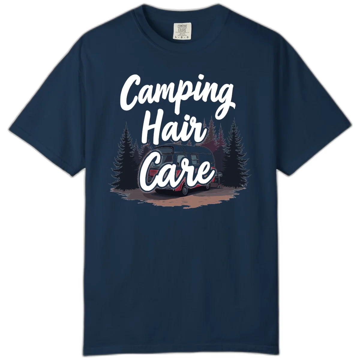 Retro red and gray vintage travel trailer surrounded by tall evergreen trees with white script text reading 'Camping Hair Care' in True Navy