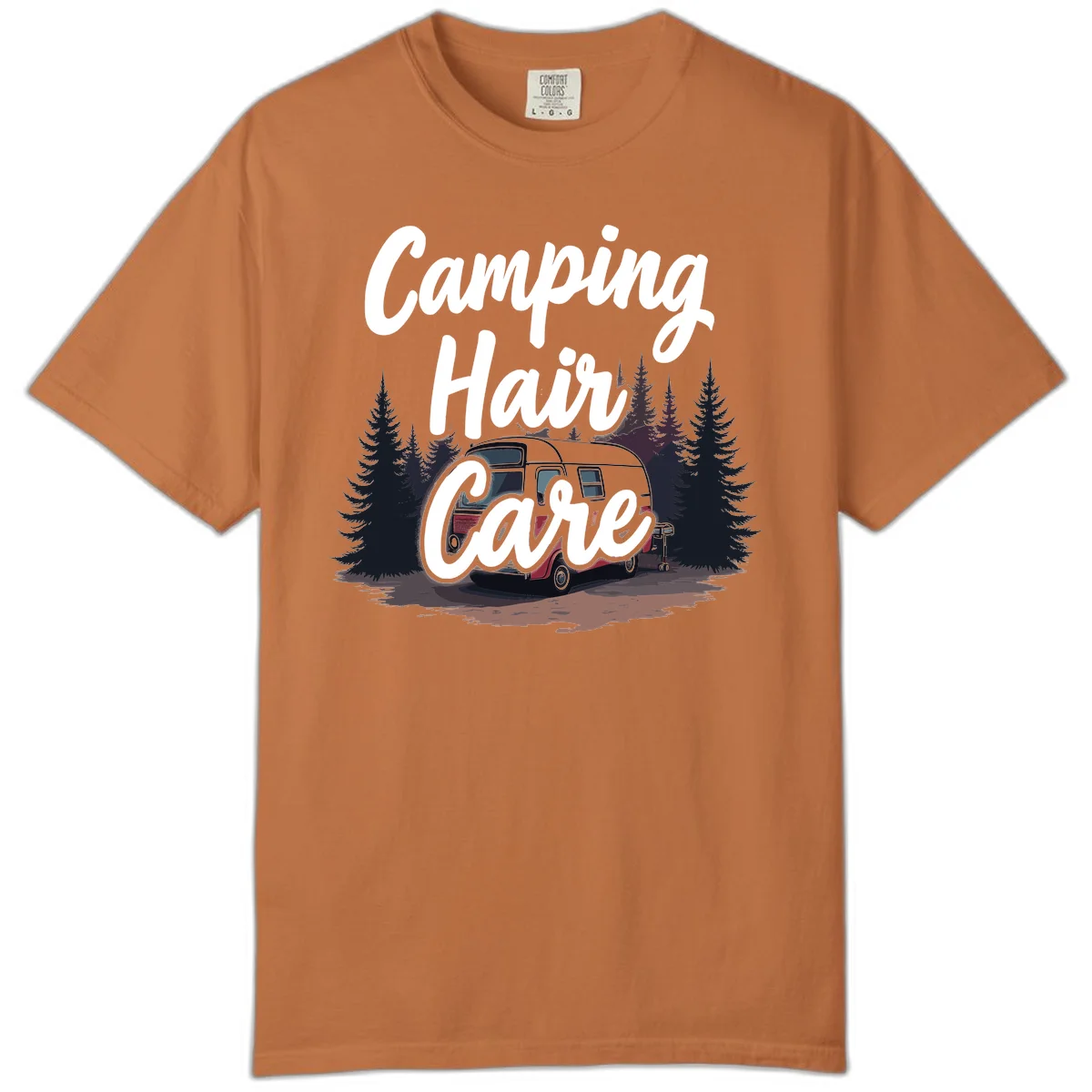 Retro red and gray vintage travel trailer surrounded by tall evergreen trees with white script text reading 'Camping Hair Care' in Yam