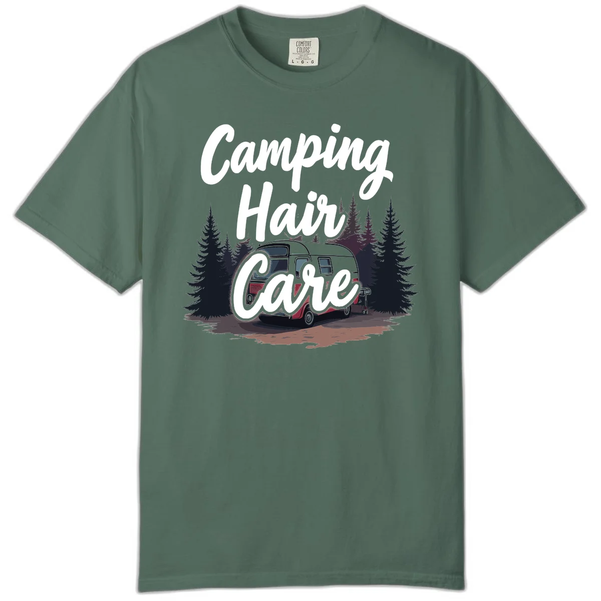 Retro red and gray vintage travel trailer surrounded by tall evergreen trees with white script text reading 'Camping Hair Care' in Blue Spruce