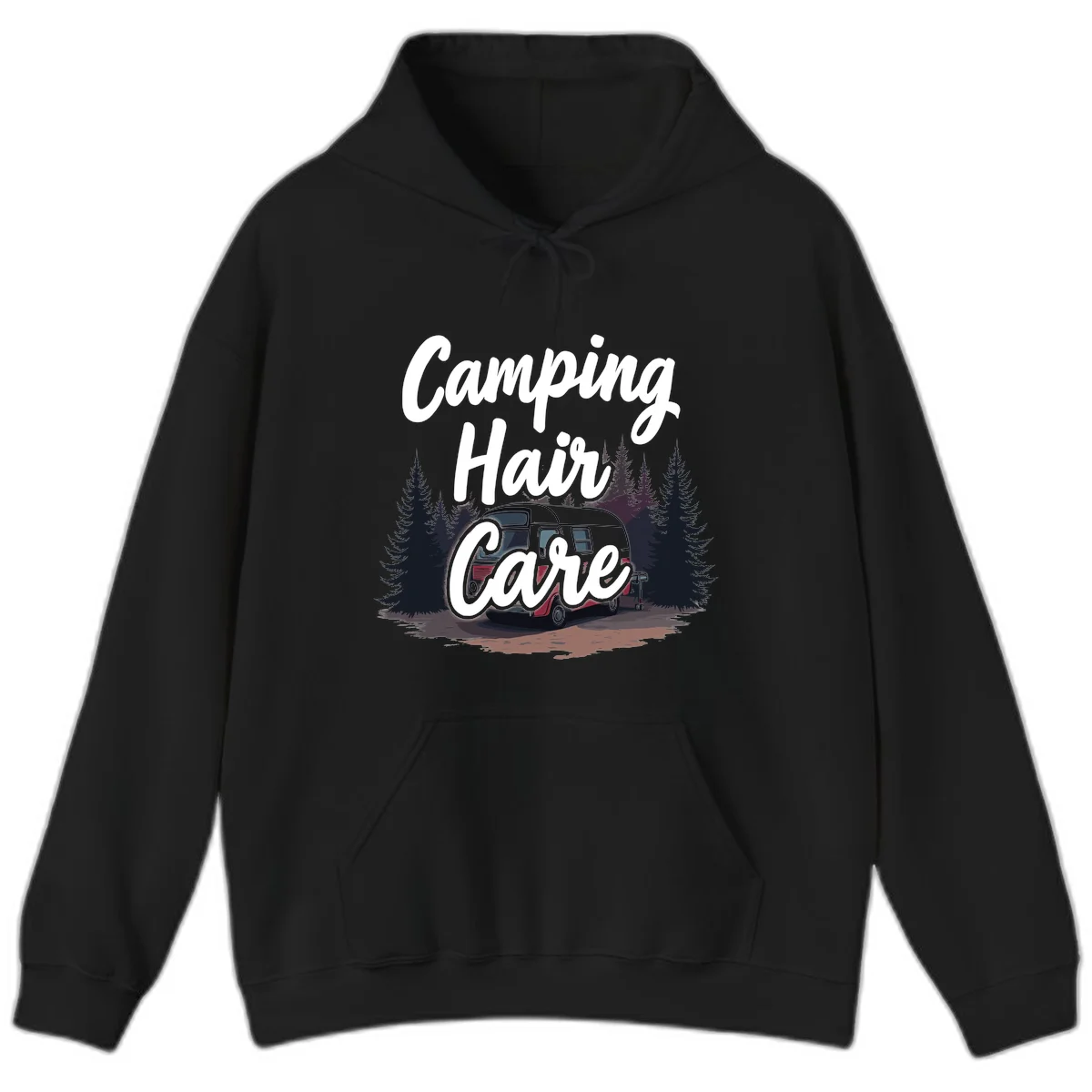 Retro red and gray vintage travel trailer surrounded by tall evergreen trees with white script text reading 'Camping Hair Care' in Black