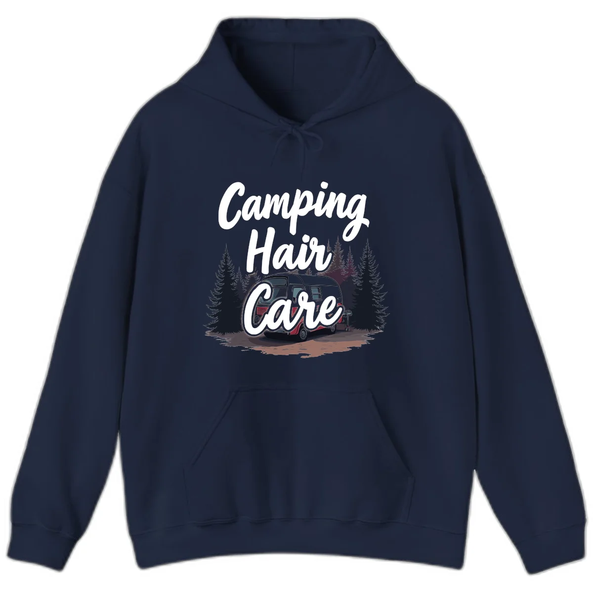 Retro red and gray vintage travel trailer surrounded by tall evergreen trees with white script text reading 'Camping Hair Care' in Navy