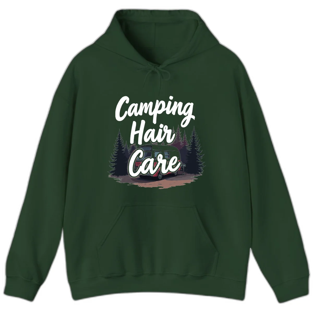 Retro red and gray vintage travel trailer surrounded by tall evergreen trees with white script text reading 'Camping Hair Care' in Forest Green
