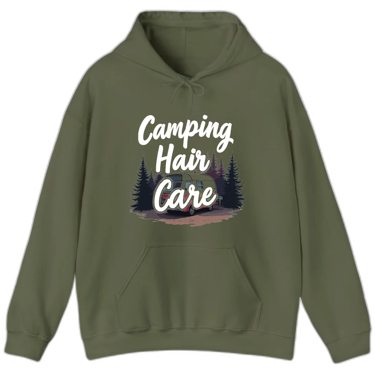 Retro red and gray vintage travel trailer surrounded by tall evergreen trees with white script text reading 'Camping Hair Care' in Military Green