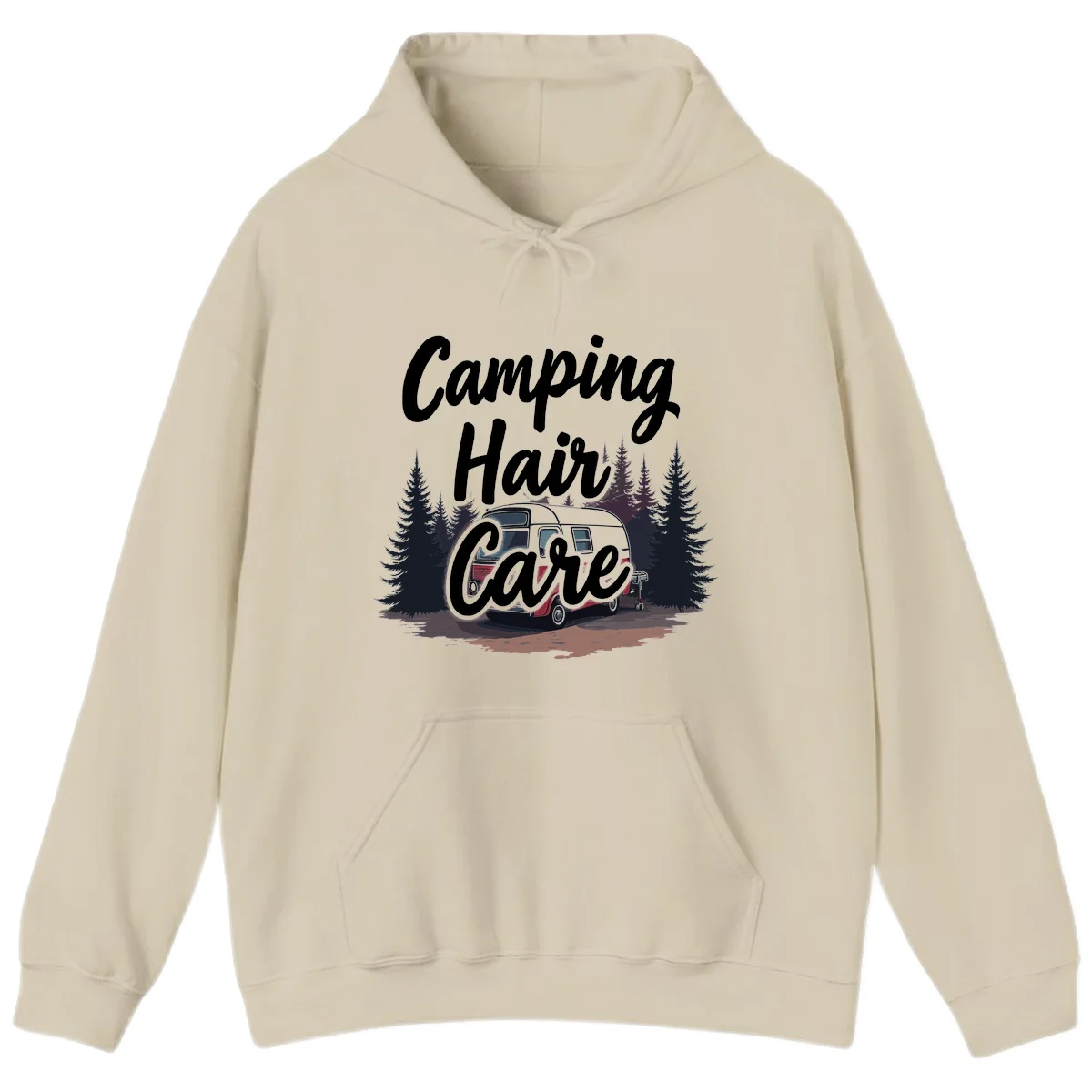 Retro red and gray vintage travel trailer surrounded by tall evergreen trees with white script text reading 'Camping Hair Care' in Sand