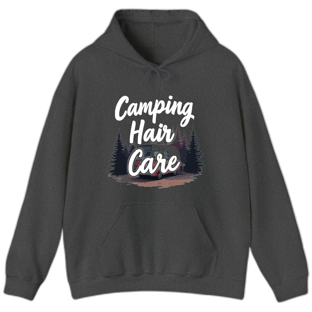 Retro red and gray vintage travel trailer surrounded by tall evergreen trees with white script text reading 'Camping Hair Care' in Dark Heather