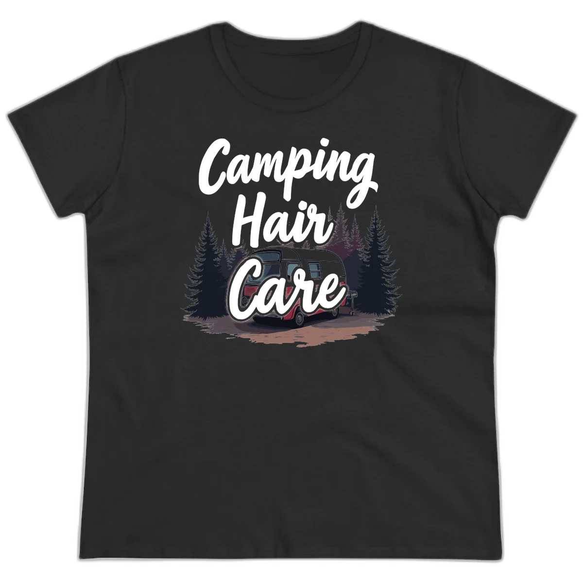 Retro red and gray vintage travel trailer surrounded by tall evergreen trees with white script text reading 'Camping Hair Care' in Black
