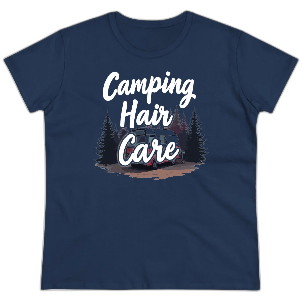 Retro red and gray vintage travel trailer surrounded by tall evergreen trees with white script text reading 'Camping Hair Care' in Navy